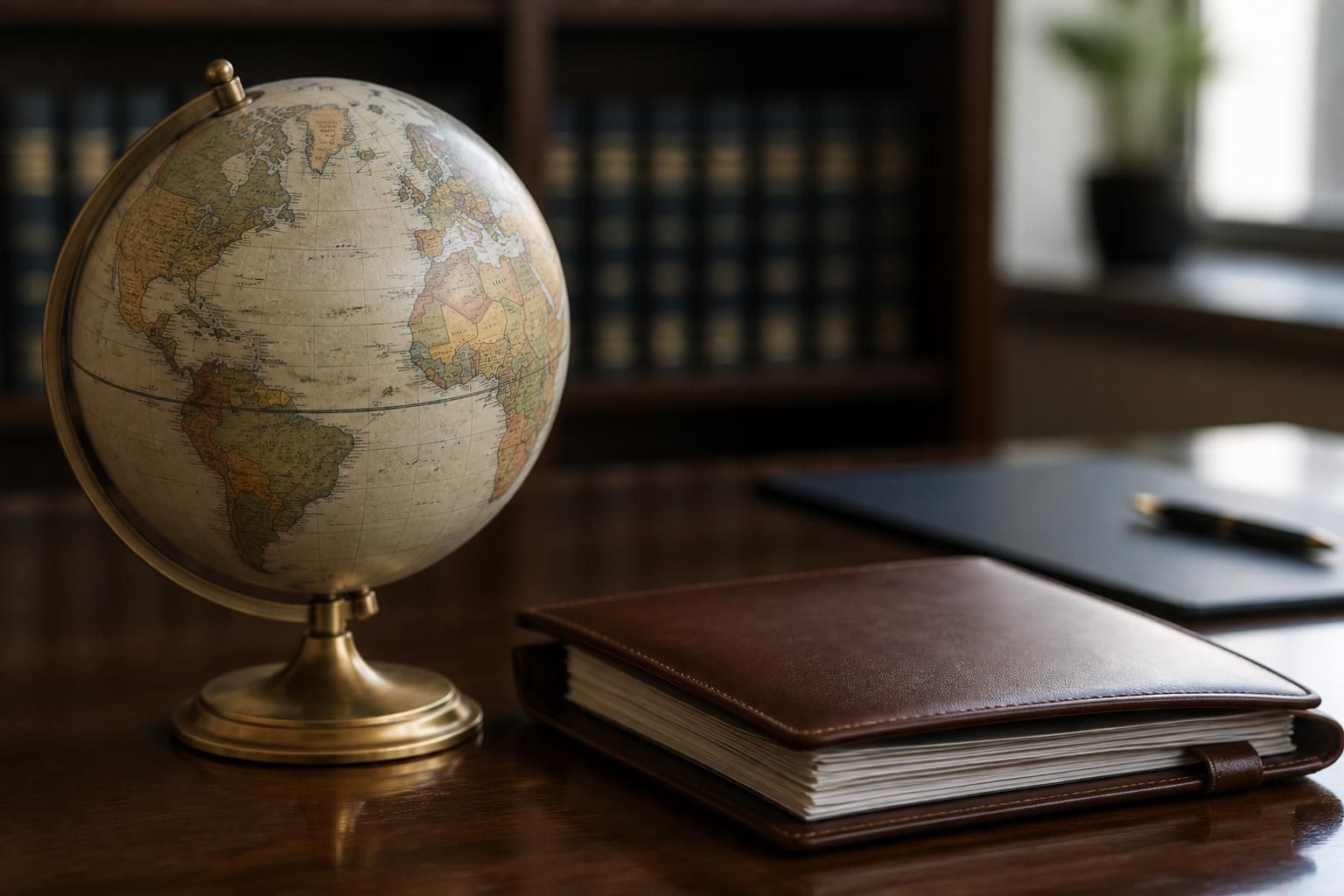 World map beside a tidy legal folder on a desk.