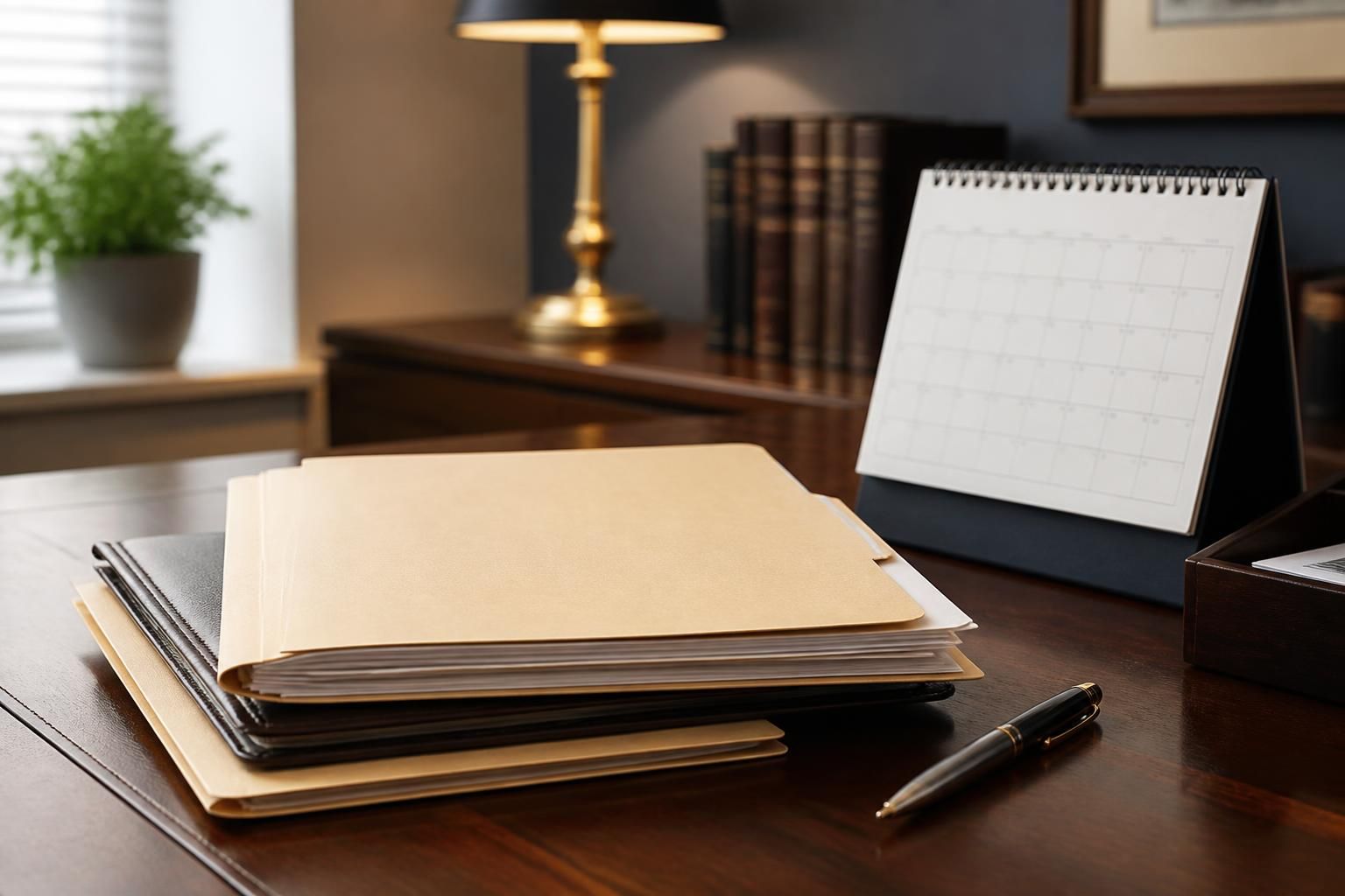 Organized estate administration desk with folders and pen.