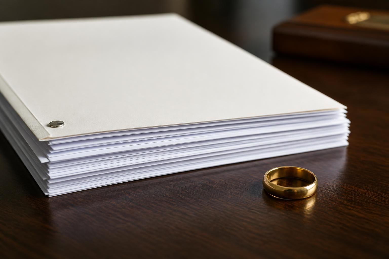 Wedding band beside a clean stack of legal documents.