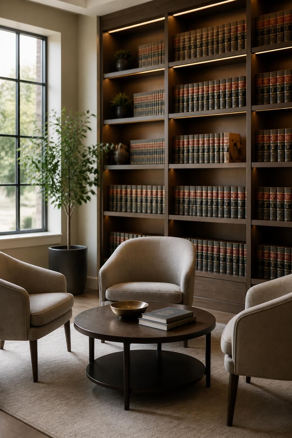 Warm, modern law library with shelves and consultation seating.