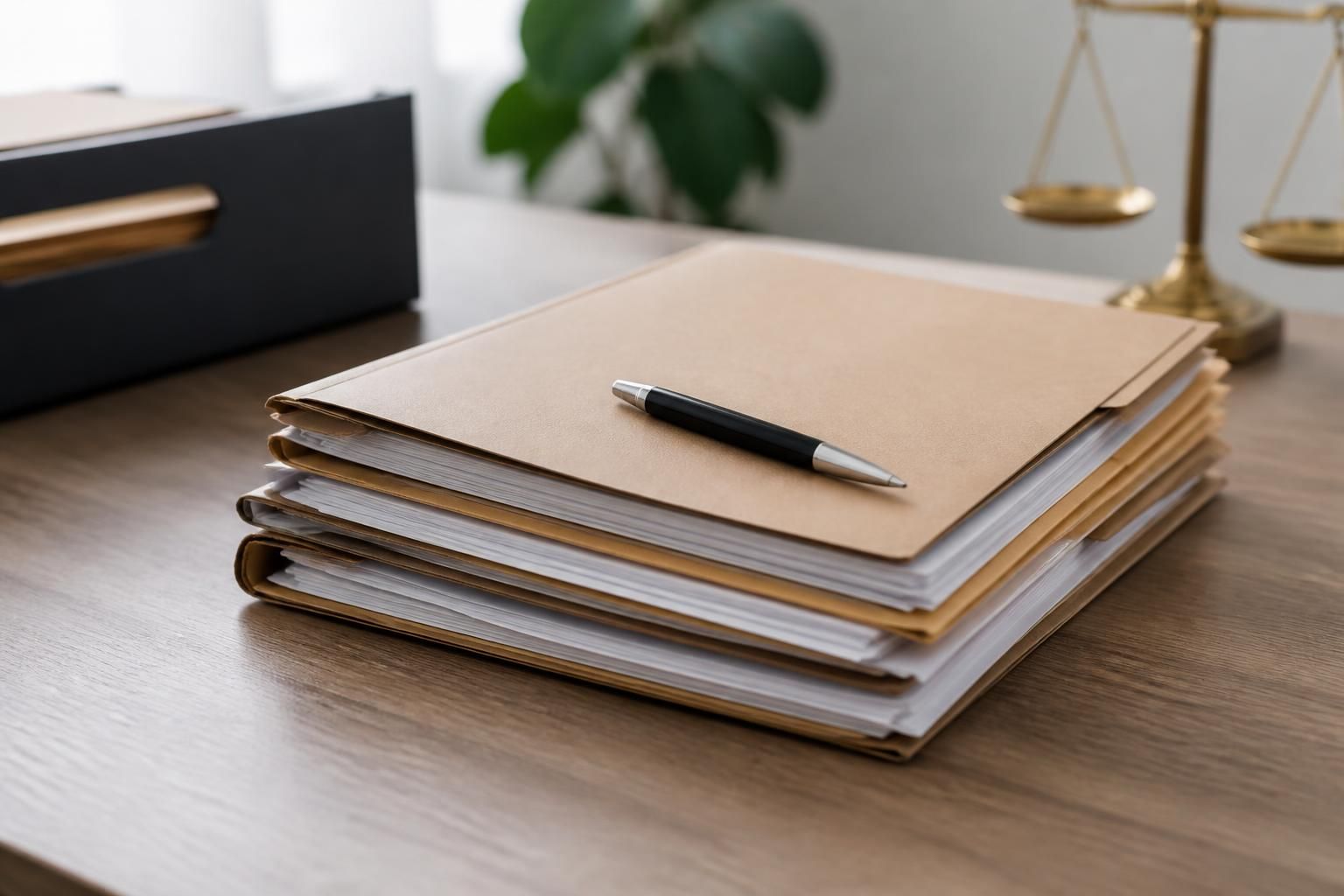 Compact legal file set on a clean table.