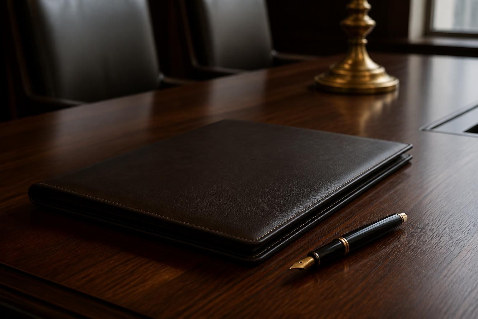 Legal conference table with closed folder and fountain pen.